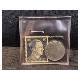 1944 German 10 Reichspfennig Coin w/ WWII Stamp