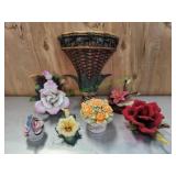 Lot of Floral Figurines & Shelf