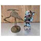 Brass Crane & Decorative Bird House Figurine