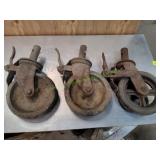 (3) Vtg Industrial Cast Iron Caster Wheels