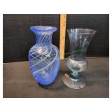 Blue Swirl & Blue Bulbous Base Glass Vases