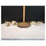 Vtg Creamer & Sugar Dishes On Wood Platter