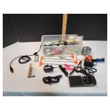 Tote of Junk Drawer Items-Wires, Lighters, & More