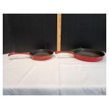 (2) Red Enamel Cast Iron Skillets