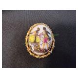 Vtg Gold-Tone Milk Glass Rococo Scene Brooch
