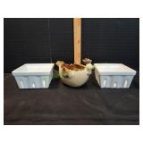 (2) White Berry Baskets w/Ceramic Rooster Planter