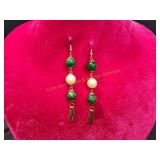 Vtg Faux Jade Gold-Tone Dangle Earrings