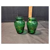 (2) Vtg Czech Emerald Green Bud Vase w/ Gold Trim