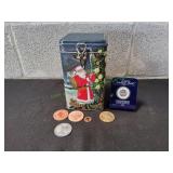 Christmas Tin w/ Wooden Nickel & More