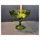 Vtg Indiana Glass Avocado Green Compote Bowl