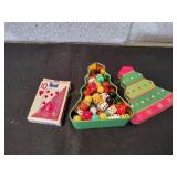 Christmas Tree Tin w/ Vtg Dice, Marbles & Cards