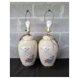 (2) Vtg Oriental Bird Ceramic Beige Table Lamps