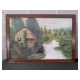Framed Vtg Cottage Landscape Scene
