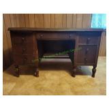 Vtg 6-Drawer Wood Desk w/ Glass Overlay Top