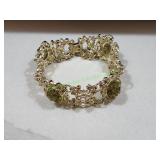 Vtg Green Stone Faux Pearl Panel Bracelet