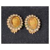 Vtg Amber Intaglio Glass Cameo Clip-On Earrings