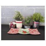 Faux Plants w/ Glass Relish Dish