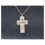 Vtg Mother of Pearl & Abalone Cross on Chain