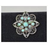 Vtg Silver Filigree Faux Turquoise Brooch
