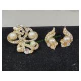 Vtg Faux Pearl & Rhinestone Brooch w/Stud Earrings