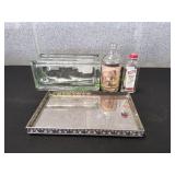 Vtg Mirror Vanity Tray w/ Glass Block & More