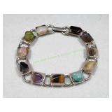 Vtg Silver-Tone Link Polished Stone Bracelet