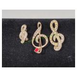 (3) Vtg Rhinestone Treble Clef Brooches / Pins