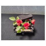 Vtg Black Ceramic Piano Figurine w/ Faux Roses