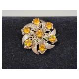 Vtg Silver-Tone Amber Rhinestone Floral Brooch