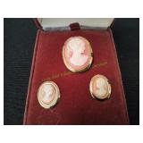 Vtg Cameo Brooch & Clip On Earrings Jewelry Set
