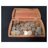 Wooden Oklahoma Trinket Box w/ Foreign Coins