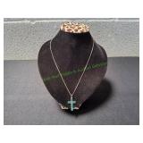 Vtg Silver-Tone Teal Mosaic Cross Pendant