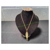 Vtg Gold-Tone Fish Pendant w/ Inlaid Green Stones