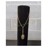 Vtg Gold Filled Filigree Pendant w/ Jade