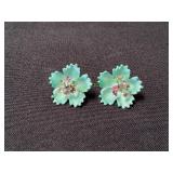 Vtg Floral Aqua Blue Enamel Clip On Earrings