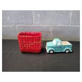 Vtg Red Ceramic Planter w/ Mini Blue Truck