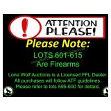 Firearms are listed from lots 601-615