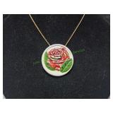 Vtg Round Painted Red Rose Pendant