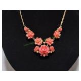 Vtg Gold-Tone Carved Coral Pink Necklace