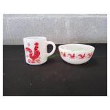 Vtg Hazel Atlas Milk Glass Red Rooster Mug & Bowl