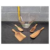 Wooden Mad Hungry Serving Utensils w/ Glass Bowl