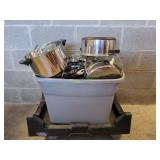 Large Tote of Pots, Pans & Lids, Baking Sheets