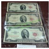 Three (3) 1953 Two Dollar Bills