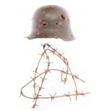 WWI GERMAN M16 HELMET & VERDUN BARBED WIRE