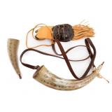 EARLY 20th C. POWDER HORN SET & TURTLE SHELL POUCH