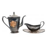 SILVER PLATED WWII US ARMY TEAPOT, NAVY GRAVY BOAT