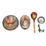 RUSSIAN LACQUER BOXES, SOUVENIR PLATE, & SPOON