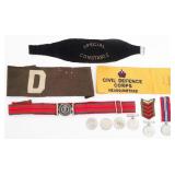 WWII BRITISH ARMBANDS, BELT, COINS & MEDAL