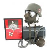 WWII REPRODUCTION M42 STALHELM, MEDAL, & GAS MASK