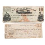 1861 VIRGINIA $1 & 1862 MISSISSIPPI $10 BANK NOTES